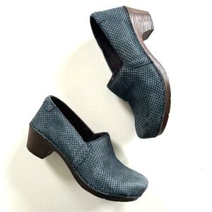 Dansko Mavis Blue Snake Print Nubuck Leather Clogs